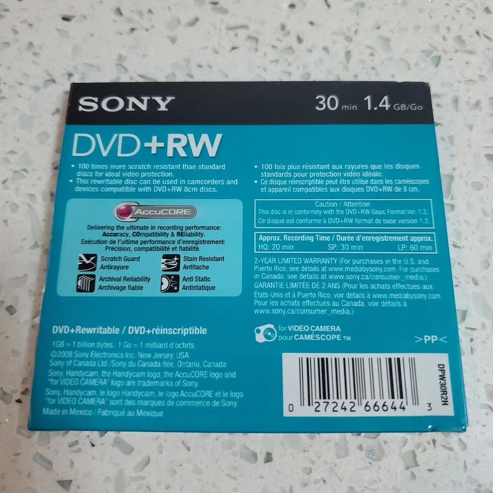 Sony HandyCam DVD+RW 30 Min 1.4 GB Single-Sided Video Disc | New Sealed